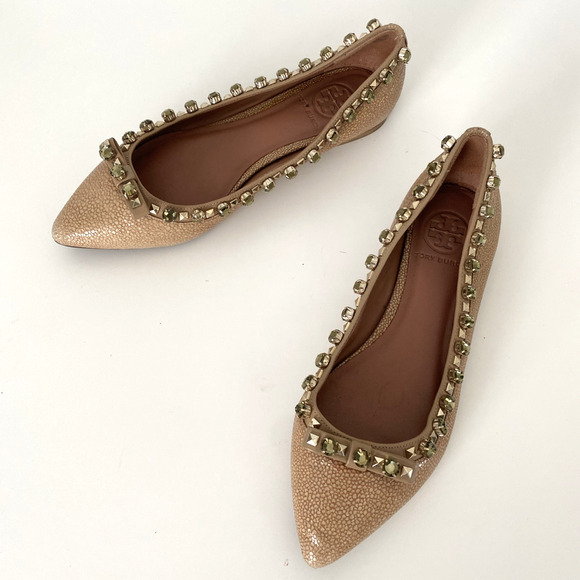 TORY BURCH Ballet Flat Crystal Embellished Point Toe Beige Tan Bow Jewel 6.5 - Picture 7 of 8
